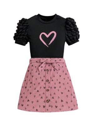 41Qb0y9-mTL.jpg Girl's 2 Pieces Outfits Heart Print Puff Short Sleeve T Shirt and A Line Skirts Sets