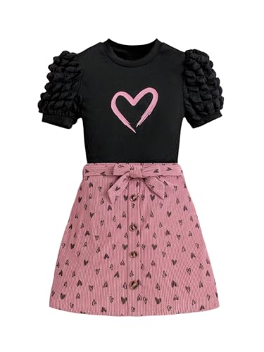 Girl's 2 Pieces Outfits Heart Print Puff Short Sleeve T Shirt and A Line Skirts Sets