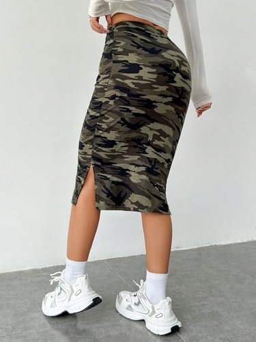 41Ql2JEYLHL.jpg Women's Camo Print High Waist Skinny Midi Skirts Split Side Drawstring Waist Hip Skirt