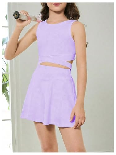 41RBnEoe-fL.jpg Girl's Workout Outfits Crisscross Crop Tank Top and Flare Skort Skirt Set