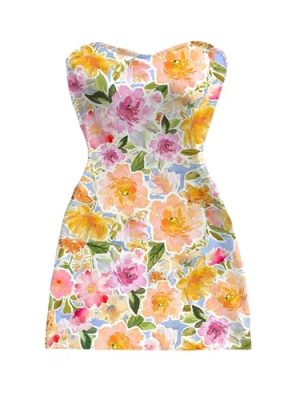 Women's Floral Strapless Bodycon Mini Dress Sleeveless Summer Beach Tube Dresses
