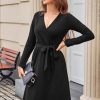 Womens 2025 Fall Dresses Teacher Church Business Casual Work Outfits Knit Midi Sweater Pockets Belt Dress
