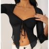 Women's Long Sleeve Front Tie Top Sexy Mesh Bell Sleeve Shirt