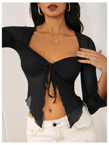 Women's Long Sleeve Front Tie Top Sexy Mesh Bell Sleeve Shirt