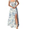 41Ss-cmxGyL.jpg Women's Floral Print Ruched Square Neck Maxi Dress Tie Back High Slit Flared Dresses