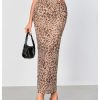 Women's Leopard Print Mesh Skirt Ruched Split Thigh Low Waist Maxi Skirts
