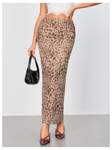 Women's Leopard Print Mesh Skirt Ruched Split Thigh Low Waist Maxi Skirts