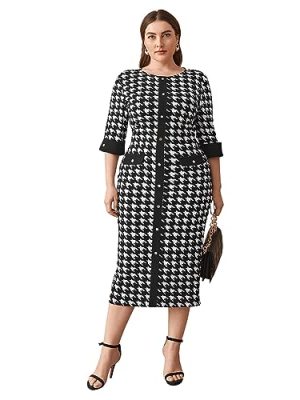Women's Plus Size Houndstooth Button Front Round Neck Split Hem Bodycon Dress