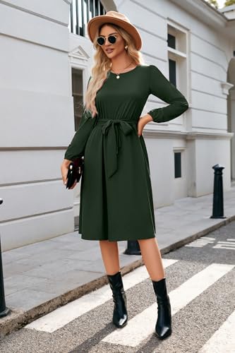 41SybsfMg6L.jpg Womens Long Sleeve Casual Dresses 2025 Business Work Teacher Fall Church Belted A Line Flowy Midi Dress