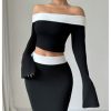 Women's 2 Piece Split Fishtail Skirt Set Monochrome Off Shoulder Top Outfit