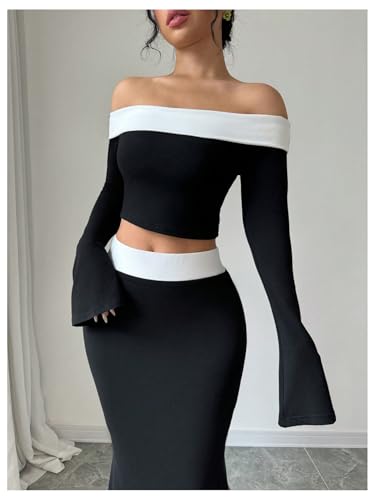 Women's 2 Piece Split Fishtail Skirt Set Monochrome Off Shoulder Top Outfit