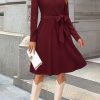 Womens 2025 Fall Dresses Teacher Church Business Casual Work Outfits Knit Midi Sweater Pockets Belt Dress
