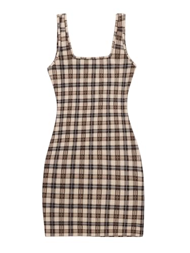 Women's Plaid Sleeveless Bodycon Mini Dress Square Neck Pencil Tank Dress