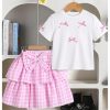 Girl's 2 Piece Bow Outfits Cute Short Sleeve T Shirts and Layered Ruffle Plaid Skirt Set