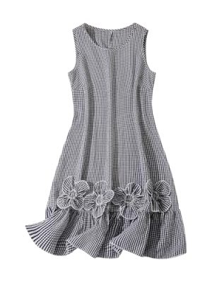 Women's Plus Size Plaid Ruffle Knee Length Dress 3D Floral A Line Tank Dresses