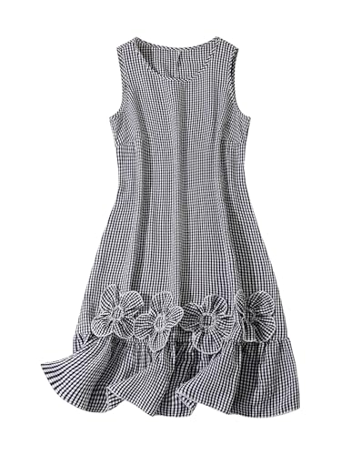Women's Plus Size Plaid Ruffle Knee Length Dress 3D Floral A Line Tank Dresses