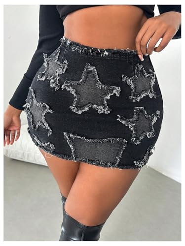 41VD98rO-iL.jpg Women's Plus Size Y2k Star Patch High Waist Denim Skirt Distressed Bodycon Mini Skirts