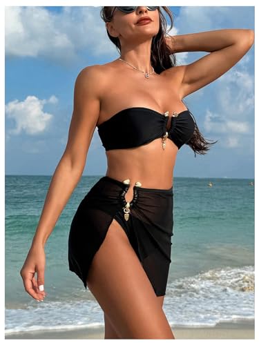 Women's Ring Linked Bandeau Bikini Set Tie Backless Bathing Suit 3 Piece Swimsuit with Cover Up Skirt