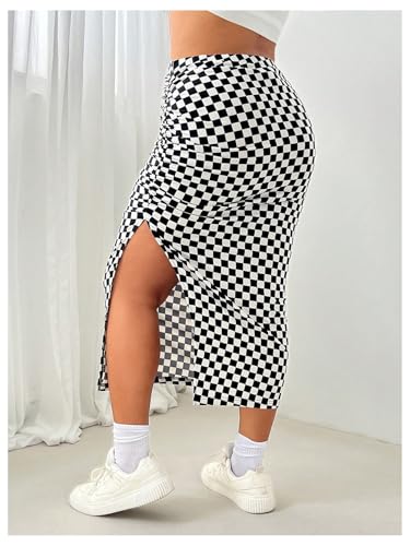 Women's Plus Size Checkered Split Thigh Midi Skirt Ruched High Waisted Bodycon Skirts