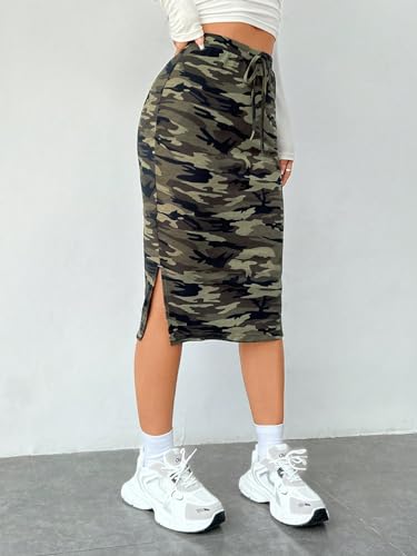 41VuuZGxVrL.jpg Women's Camo Print High Waist Skinny Midi Skirts Split Side Drawstring Waist Hip Skirt