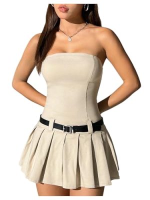 Women's Petite Strapless Belted Tube Dress Sleeveless Pleated A Line Mini Dresses