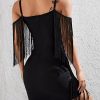 Women's Fringe Trim Cold Shoulder Short Sleeve Bodycon Party Flapper Mini Dress