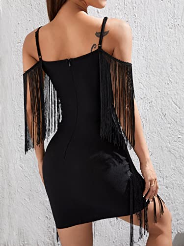 Women's Fringe Trim Cold Shoulder Short Sleeve Bodycon Party Flapper Mini Dress