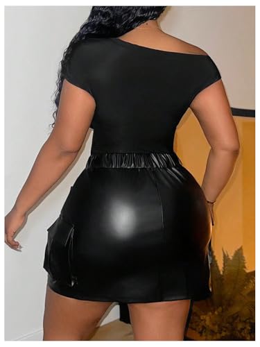 Women's Plus Size PU Leather Mini Skirt High Waisted Flap Pocket Cargo Skirt