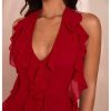 41WeRY2n1QL.jpg Women's Sexy Mesh Deep V Neck Ruffle Trim Halter Mini Dress 3D Flower Decor Sleeveless Cocktail Dress