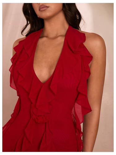 41WeRY2n1QL.jpg Women's Sexy Mesh Deep V Neck Ruffle Trim Halter Mini Dress 3D Flower Decor Sleeveless Cocktail Dress