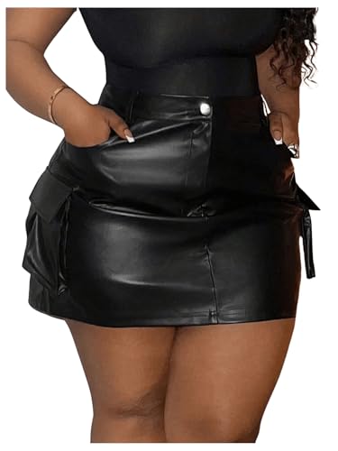 Women's Plus Size PU Leather Mini Skirt High Waisted Flap Pocket Cargo Skirt