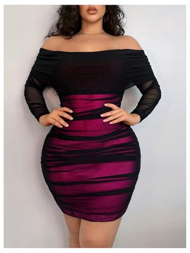 41WzOoju6kL.jpg Women's Plus Size Off Shoulder Ruched Bodycon Dress Long Sleeve Mesh Mini Pencil Dresses