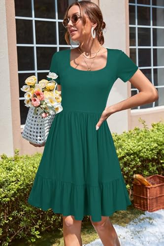41XAQyQD5tL.jpg Women 2025 Summer Dress Square Neck Formal Short Sleeve Business Casual Outfits Ruffle Spring Pockets Sundress