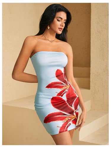 41XQDom02BL.jpg Women's Floral Print Mini Tube Dress Summer Strapless Sleeveless Bodycon Dresses