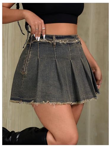 Women's Plus Size Pleated Mini Denim Skirt Y2k Frayed Hem A Line Skirt