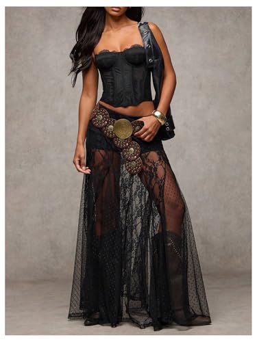 41XhQcKnnrL.jpg Women's Sexy See Through Sheer Lace Maxi Skirt Low Waist Ruffle Hem A Line Flowy Skirt