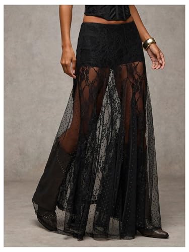 41Xn1UVh1vL.jpg Women's Sexy See Through Sheer Lace Maxi Skirt Low Waist Ruffle Hem A Line Flowy Skirt