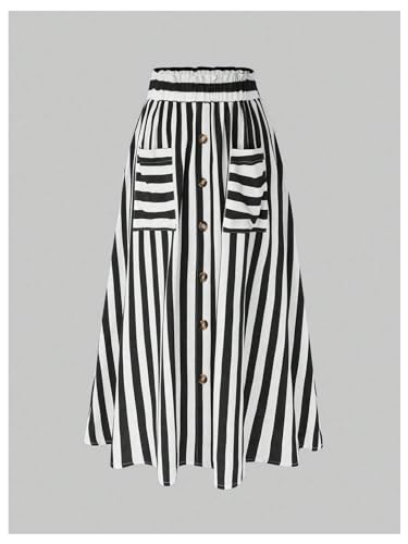 Women's Plus Size Striped High Waist Button Decor Flare A Line Maxi Skirt with Pockets