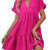 Women's Roll Up Short Sleeve V Neck Ruffle Hem Solid Swing Smock Dress