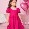 41XvOwrQvhL.jpg Toddler Girl's Square Neck Short Puff Sleeve A Line Flared Tie Back Cute Mini Dress