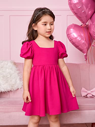 41XvOwrQvhL.jpg Toddler Girl's Square Neck Short Puff Sleeve A Line Flared Tie Back Cute Mini Dress