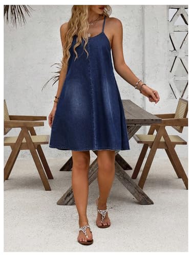 Women's Sleeveless Denim Cami Dress Scoop Neck Mini Dresses with Slant Pockets