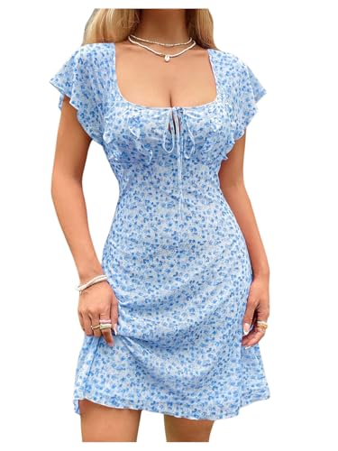 Women's Vintage Floral Print Mini Dress Cap Sleeve Square Neck Short Dresses