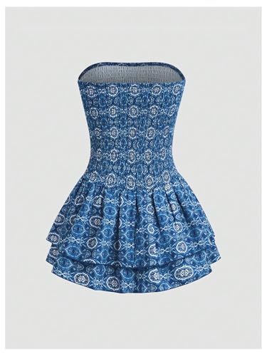 41XymDS05YL.jpg Women's Boho Print Strapless Mini Dress Smocked Ruffle Tiered A Line Tube Dress