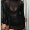Women's Ruched Sheer Mesh Bodycon Mini Dress Mock Neck Long Sleeve Sexy Party Dresses