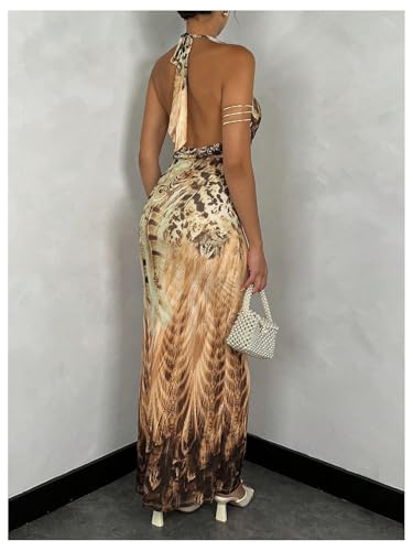 Women's Deep Cowl Neck Halter Dress Sleeveless Tie Backless Bodycon Animal Print Maxi Dress
