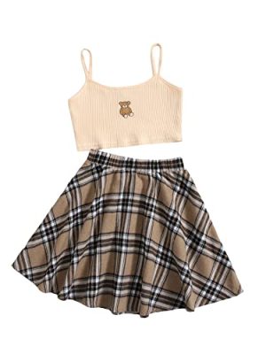 Girl's 2 Piece Outfits Cartoon Print Cami Top and Plaid Skater Skirt Set