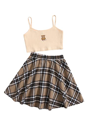 41YekV8TDHL.jpg Girl's 2 Piece Outfits Cartoon Print Cami Top and Plaid Skater Skirt Set