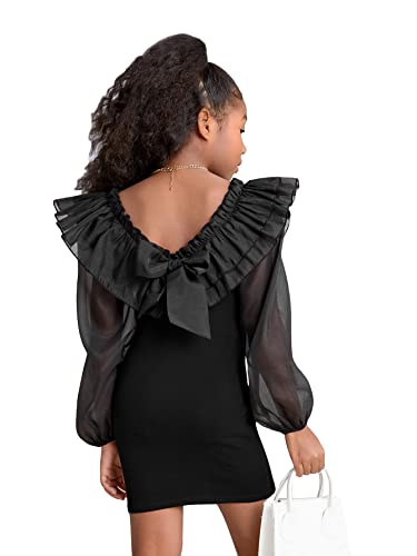 41Yjtf8xi2L.jpg Girl's Mesh Ruffle Trim Layered Tie Back Lantern Sleeve Pencil Mini Dress
