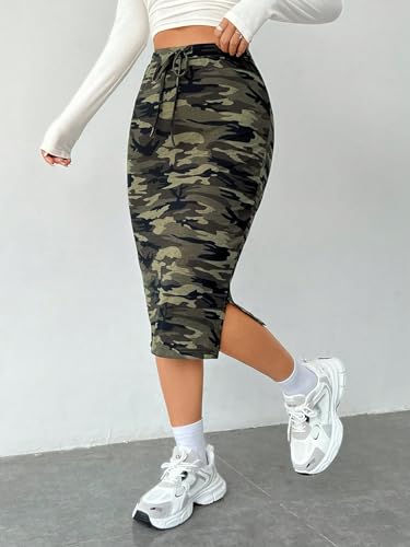 41Ym4s9r75L.jpg Women's Camo Print High Waist Skinny Midi Skirts Split Side Drawstring Waist Hip Skirt